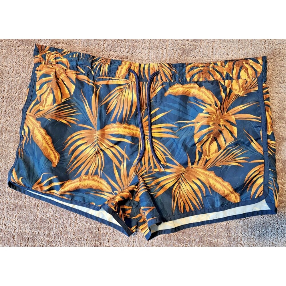H&M Tropical Palm Leaf Print Swim Trunks Men's Navy and Gold Large